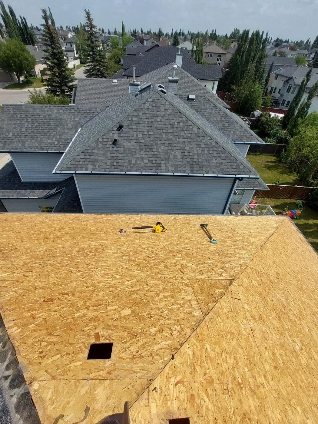A Calgary roof stripped to bare plywood decking during a tear-off